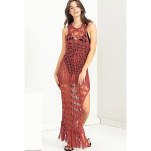 Tasseled, Long Hollowed Out Swimsuit Coverup In Rusty Red